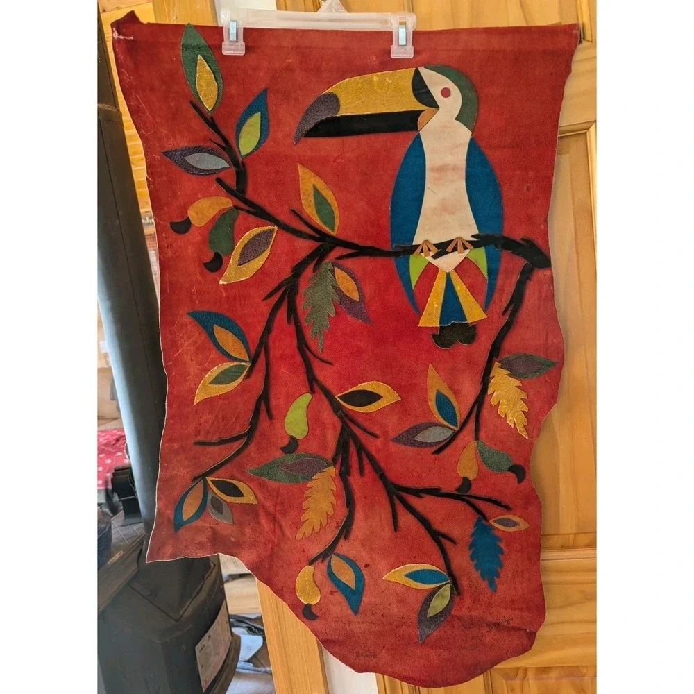 Vintage Handmade Leather Tucan Bird Scene‎ Wall Tapestry By Jose Marcos Brazil